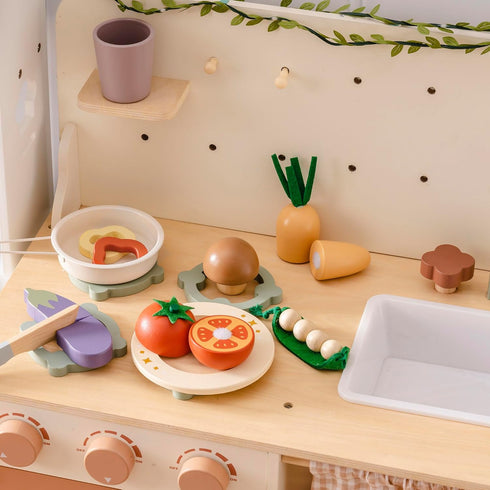 Set, ROBOTIME Wooden Play Food Cutting Vegetable Pretend Play Toy Food for Play Kitchen with Shopping Bag Kids Kitchen