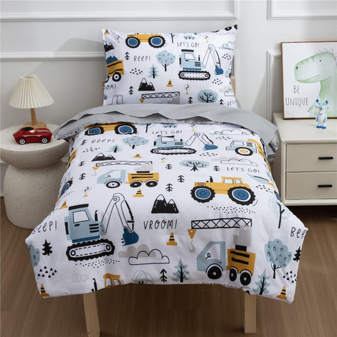 4 Set NTBED Pieces Construction Toddler Bedding for Baby Boys,Tree Truck Vehicles Excavator Cars Printed, Includes