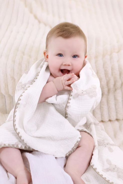 Gunnaicat 100% 40x40 Inch Double Layered Cotton Muslin Baby Blanket Ultra-Soft Swaddling Nursery Crib Blanket(Bunny)