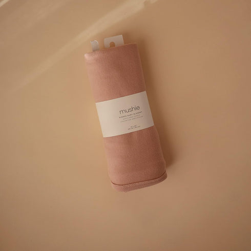 35x35 Inch mushie Extra Soft Baby Blanket | Cotton and Elastane Ribbed Receiving Blanket, Swaddle, Stroller | (Blush)