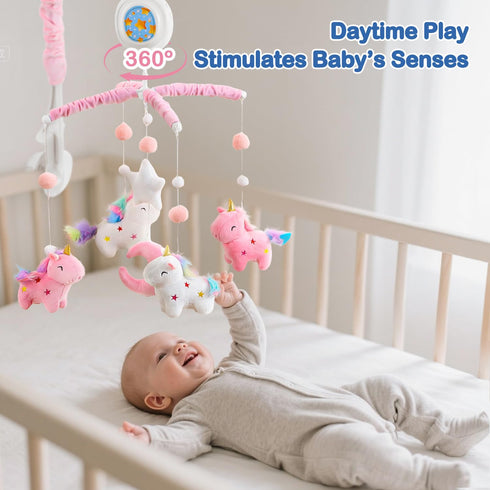 (100+ Unicorn Baby Crib Mobile for Girls with Music Box Lullabies), Rotating Plush Crib Toys for Newborns, Infant, Baby