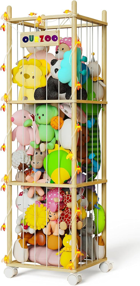 55.12in Stuffed Animal Storage Zoo with Wheels and Twinkling Bee String Lights, Large Wooden Stuffed Animal Storage