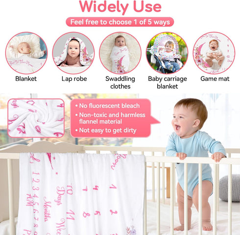 Baby Monthly Milestone Blanket, 51”L x 40”W, Thicker Extra Soft Flannel, Best Photography for Newborn Baby Girl (Pink