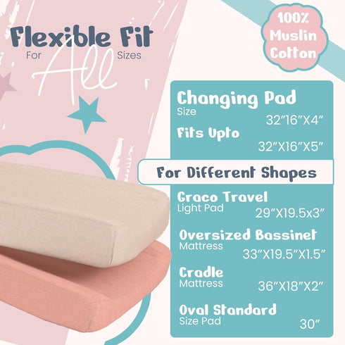 100% Muslin Changing Pad Cover Pack of 2-32x16 Ultra Soft 120GSM Baby Changing Pad Covers for Girls and Boys - Easy wash Diaper Changing pad Cover with Low Shrinkage
