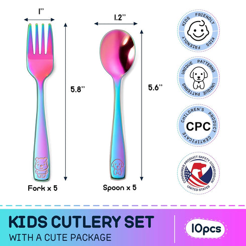 VITEVER 10 Pack Toddler Utensils, Stainless Steel Rainbow Silverware Set for Kids, Children Safe Cutlery Set Includes Forks and Spoons - Dishwasher Safe by VITEVER