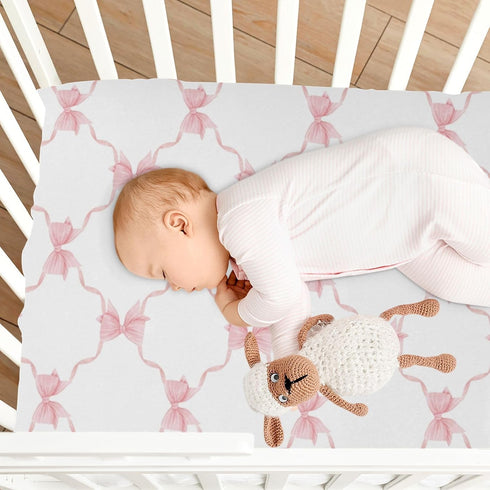 KICPOAY 39 27 Fitted Crib Sheets Trellis Bow Pink Checkered Stretchy Portable Playard Sheets for Baby Toddler