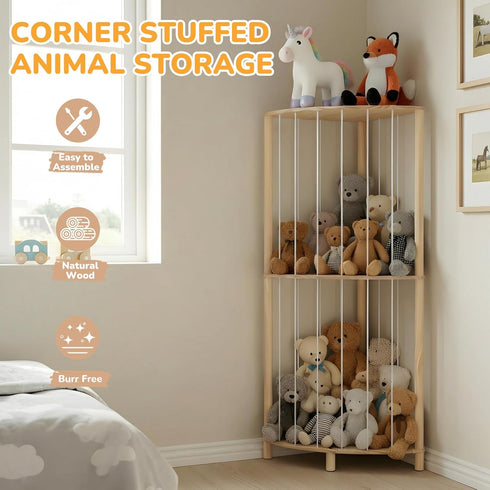 Bedroom(42 inchMedium) POIKSHARK Corner Stuffed Animal Storage & Organizer, Wooden Cute Animal Holder with Partitions