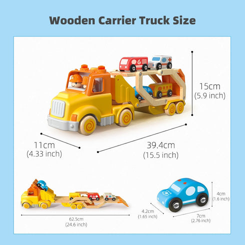 Toddler Car Toys for 2-5 Years Old, Transport Carrier Truck Toy with 4 Wooden Vehicles, 24IN Foldable Track