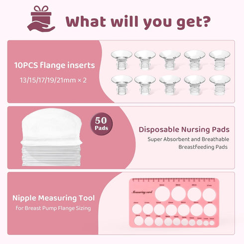 13/15/17/19/21mm 10PCS, 50 24mm Flange Sizing Kit with Flange Inserts Nipple Ruler, Pads, Silicone Flanges Insert Kit