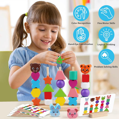Animal Baby Toys for Boys Girls - Cute Wooden Bead Sequencing Set with Rabbit, Bear, Tiger, Pig, Frog for Early Learning