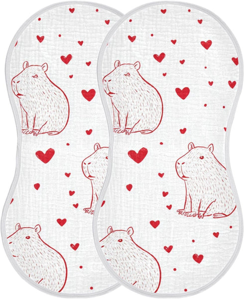 decor gift 4 Pack 22x11in Cotton Muslin Cotton Burp Cloths Easy Care Cartoon Capybaras Red Hearts White spit up Rags