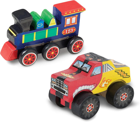 Melissa & Doug Created by Me! Paint & Decorate Your Own Wooden Vehicles Craft Kit, 2 Pack – Monster Truck, Train