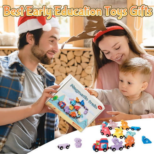AquaArcc 1-3, Set 1 2 3 Toddler Boy Toys Age Dinosaur Toy Wooden Magnetic Train with Playmat/Storage Bag for Baby Boy