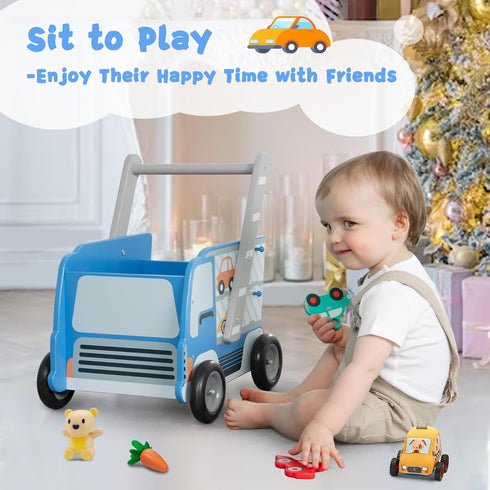 labebe 2-in-1 1-3 Baby Wooden Learning Walker, Toddler Push & Pull Toys Stroller Pushing Walker, Infant Sit to Stand