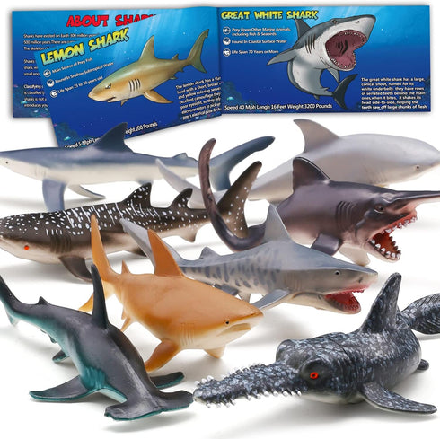 Yeonha Toys 8 Pack Shark Toys - Realistic Soft Plastic Shark Figures with Educational Booklet for Kids - Pool Bath Tub