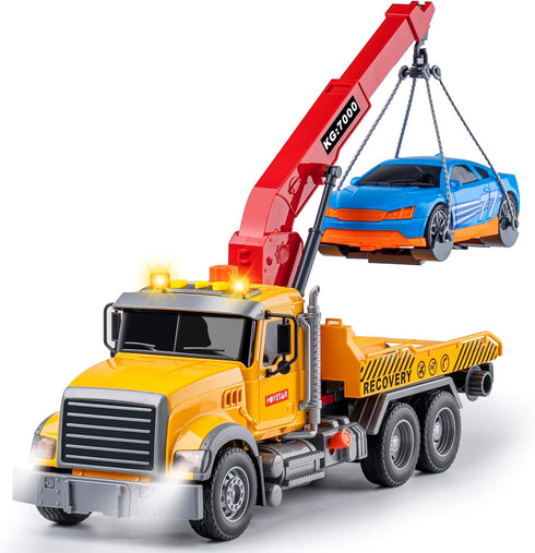 haomsj Big Tow Trucks Toy with Hook and Car for Boys, Pull Back Truck Toys with Light and Sound (1:18 Plastic)