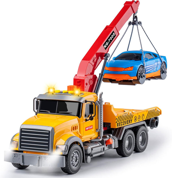 haomsj Big Tow Trucks Toy with Hook and Car for Boys, Pull Back Truck Toys with Light and Sound (1:18 Plastic)