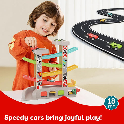 2-4 4 TOP BRIGHT Car Ramp Toys, Race Track Car Toy for Toddler Age Year Old Boy with Cars, Parking Lot & Gas Station
