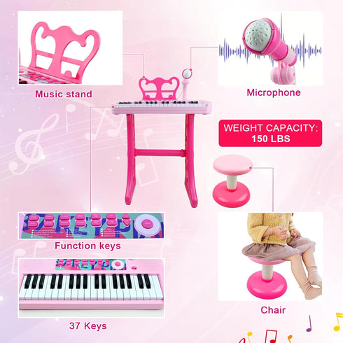 37 3 4 5 6 7 8 Love&Mini Kids Keyboard Toys for Girls - Keys Pianos Toy with Stool and Microphone Pink Electronic