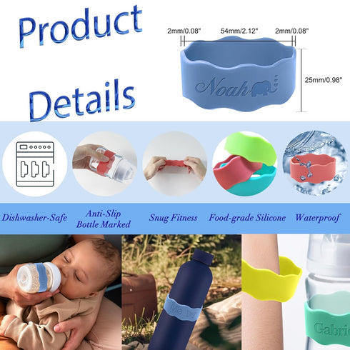 MOUZYLCASE Personalized Water Bottle Name Bands Custom Engraved Silicone Labels Customized Silicone Baby Bottle Labels