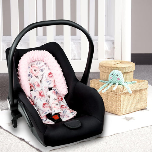 Baby Head Support and Strap Cover for Car Seat, Mink Infant Carseat Headrest for Girls, Newborn Car Seat Insert Cushion