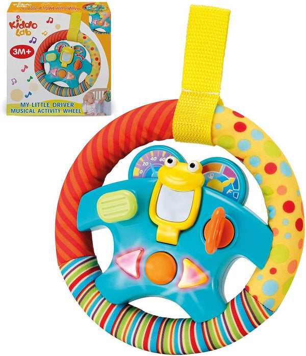 KiddoLab Steering Wheel Toy with Music, Lights, Sounds & Flip Up Mirror for Crib & Stroller