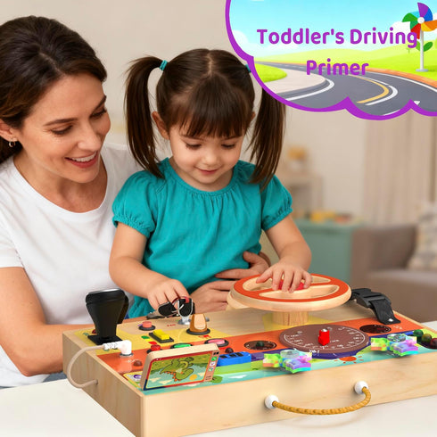 1-3, Montessori Wooden Busy Board with Steering Wheel & Driving Toys - Sensory Activity Boards for Toddlers Car Themed