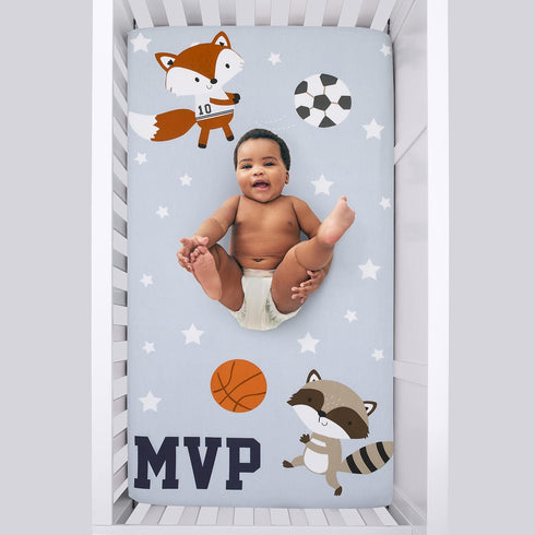 NoJo Team All Star Light Blue, Grey, & Orange, MVP Fox & Raccoon Sports Theme with White Stars Photo Op 100% Cotton Fitted Crib Sheet, Light Blue, Grey, Orange by NoJo