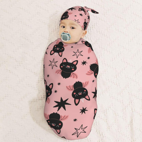Halloween Cute Cartoon Bat Newborn Swaddle Blanket with Beanie Set, Soft Baby Sleep Sack Stretch Adjustable Wraps