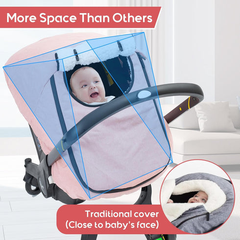 Winter Baby Car Seat Cover, Waterproof Carseat Cover with Zipper Peep Window, Warm Sherpa Fleece Lining, Universal