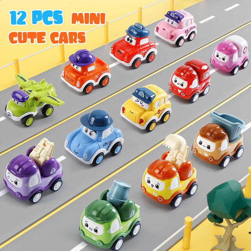 Mini Car Toys for 1 Year Old Boy, 12 Sets Pull-Back Trucks with Playmat, Gifts for Toddlers Age 1-2