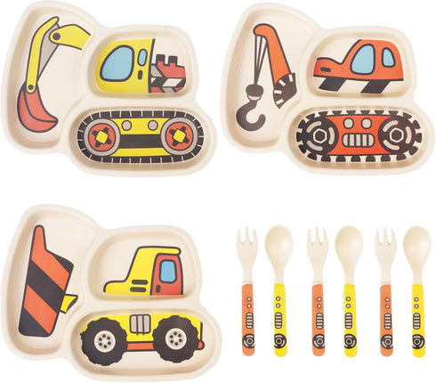 Kids Plates Set, 9-Piece Toddler Dinnerware Set including Plate, Fork, Spoon, Baby Feeding Divided Plate