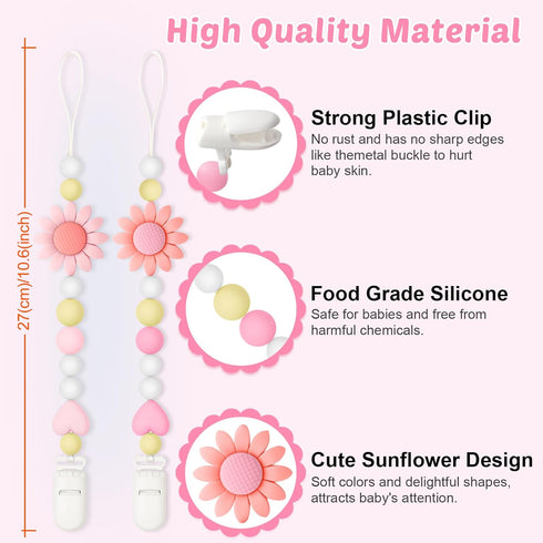 LSTRAGY 2 Pack Silicone Pacifier Clip, Pacifier Holder for Boys and Girls, Adorable Sunflower Pacifier Strap Fits