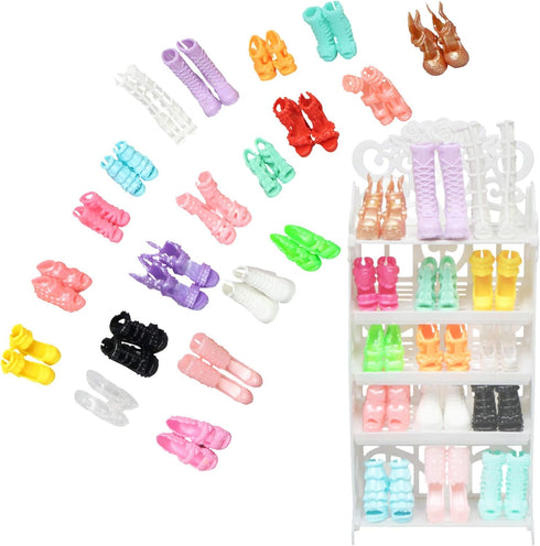 BJDBUS 1 Doll Shoes Rack Shelf + 20 Pairs Shoes Set, High Heel Boots Sandals Assorted for 11.5 Inch Girl Doll