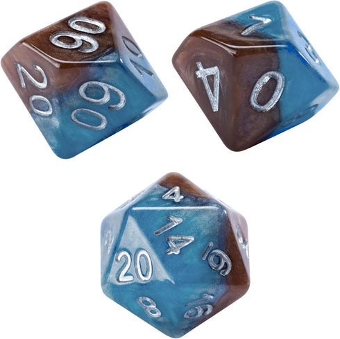 Halfsies Dice: Earth Elemental - 7pc Set, Cerulean Blue & Brown, Pearlescent Swirl for Role Playing Games