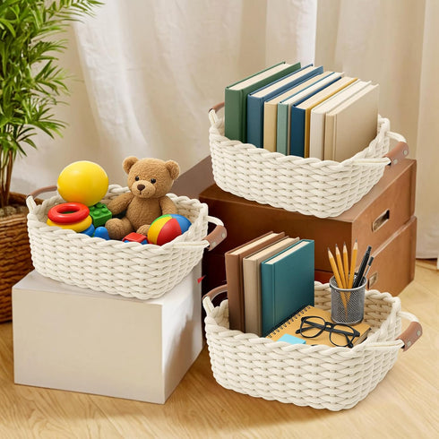 L13'' W8.7'' H5.9'') XXL Cotton Rope Storage Basket with Leather Handles, Woven Nursery Organizer for Diapers, Wipes