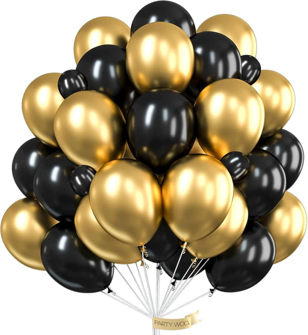 PartyWoo 60 pcs Gold and Black Balloons for Hip Hop, Hollywood, Disco Party Decorations