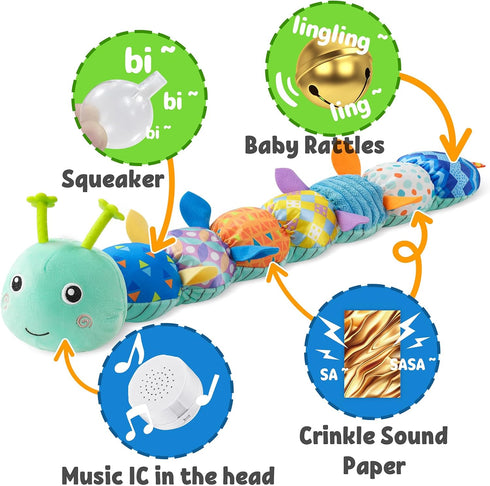 Baby Musical Caterpillar Toy - Stuffed Animal with Ruler Design and Ring Bell for Newborns 0-12 Months (Blue)