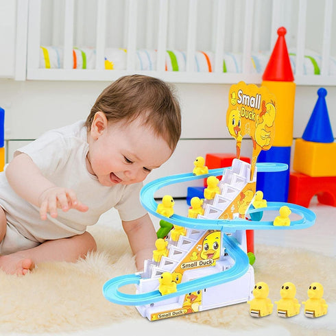 Small Duck Climbing Stairs Toy, Electric Duck Roller Coaster Set with LED Lights & Music, Birthday Gift for Kids