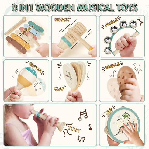 1-3, 1 Set 2-4, Baby Musical Instruments for Toddlers Montessori Wooden Toys for Year Old, Xylophone Maracas Percussion