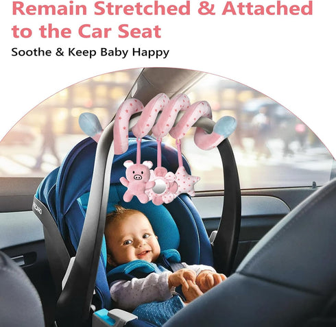 Infant Baby Pink Pig Spiral Activity Hanging Toys for Car Seat, Stroller Bar, Crib Mobile with Mirror