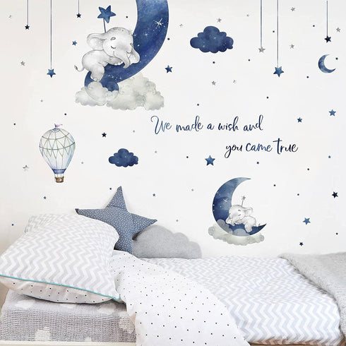 Yovkky Watercolor Blue Grey Sleeping Elephant Wall Decals, We Made a Wish Moon Star Cloud Stickers Hot Air Balloon