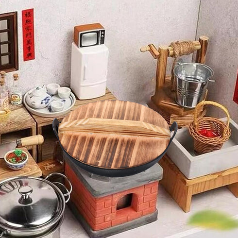 Zerodeko 1 Set 1:12 Miniature Cooking Pot, Mini Wok with Wooden Cover for Dollhouse Cookware