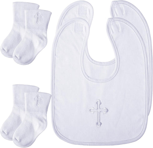 Jiuguva 4 Pcs Baptism Gifts for Boys Girls, Christening Bibs and Socks