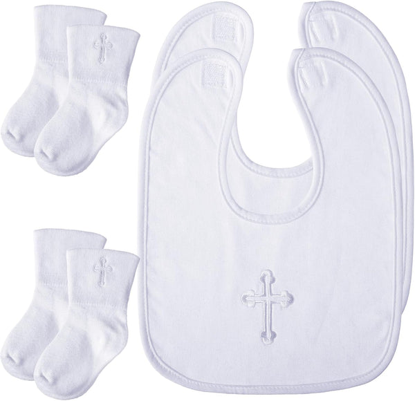 Jiuguva 4 Pcs Baptism Gifts for Boys Girls, Christening Bibs and Socks