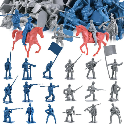 LovesTown 82PCS Civil War Soldier Toys, 40 Blue and 40 Gray Uniform Action Figures with Rideable Horses for Kids