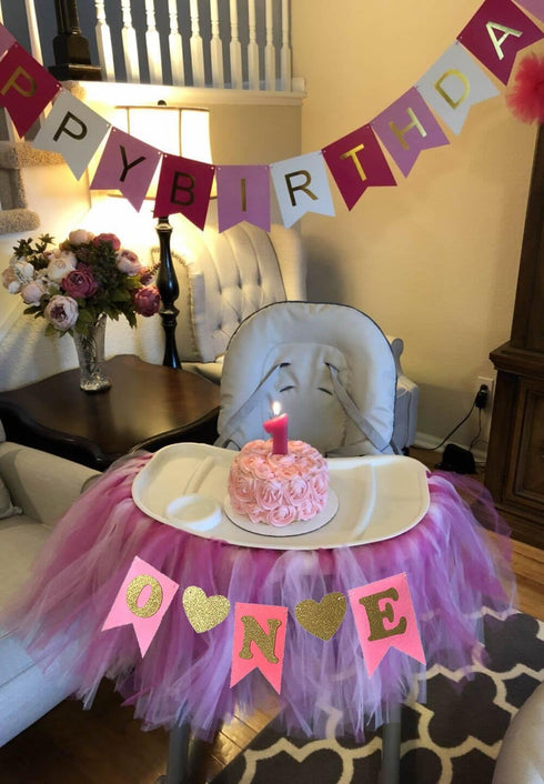 Alemon 1st Birthday Girl Baby Tutu for High Chair Decoration and "ONE" Pennant Happy Birthday for Highchair