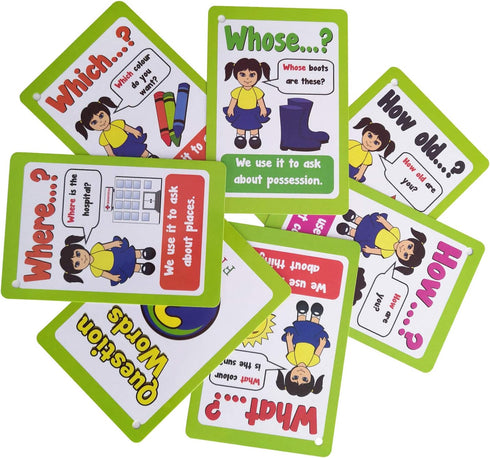Rechardy Question Words Flashcards, English Sentences Grammar Learning Pocket Cards for Kindergarten