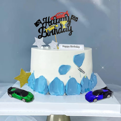 Cars Cake Topper Model Racing Car with Chequered Flag - Sports Themed Birthday Party Decor for Boys Kids