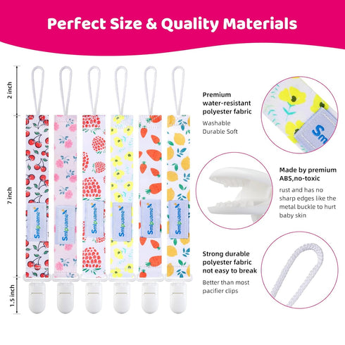 Smlpuame 6 Pack Pacifier Clip for Baby Girls, Stylish Binky Clips Strap, Lightweight Universal Paci Holder (Flower &
